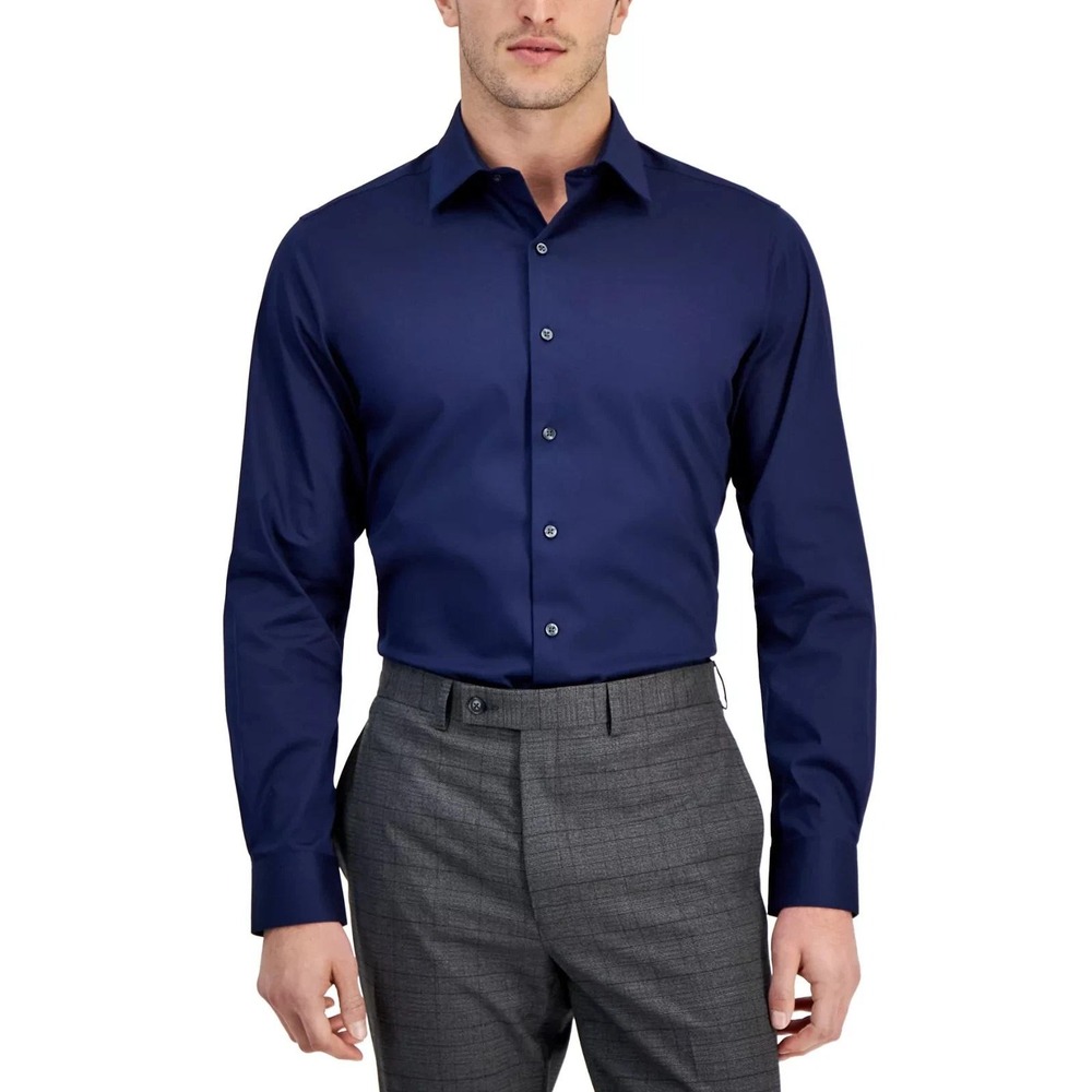NWT Alfani Regular Fit Dress Shirt Men's XL 17-17.5 36/37 Navy Blue Cotton Blend